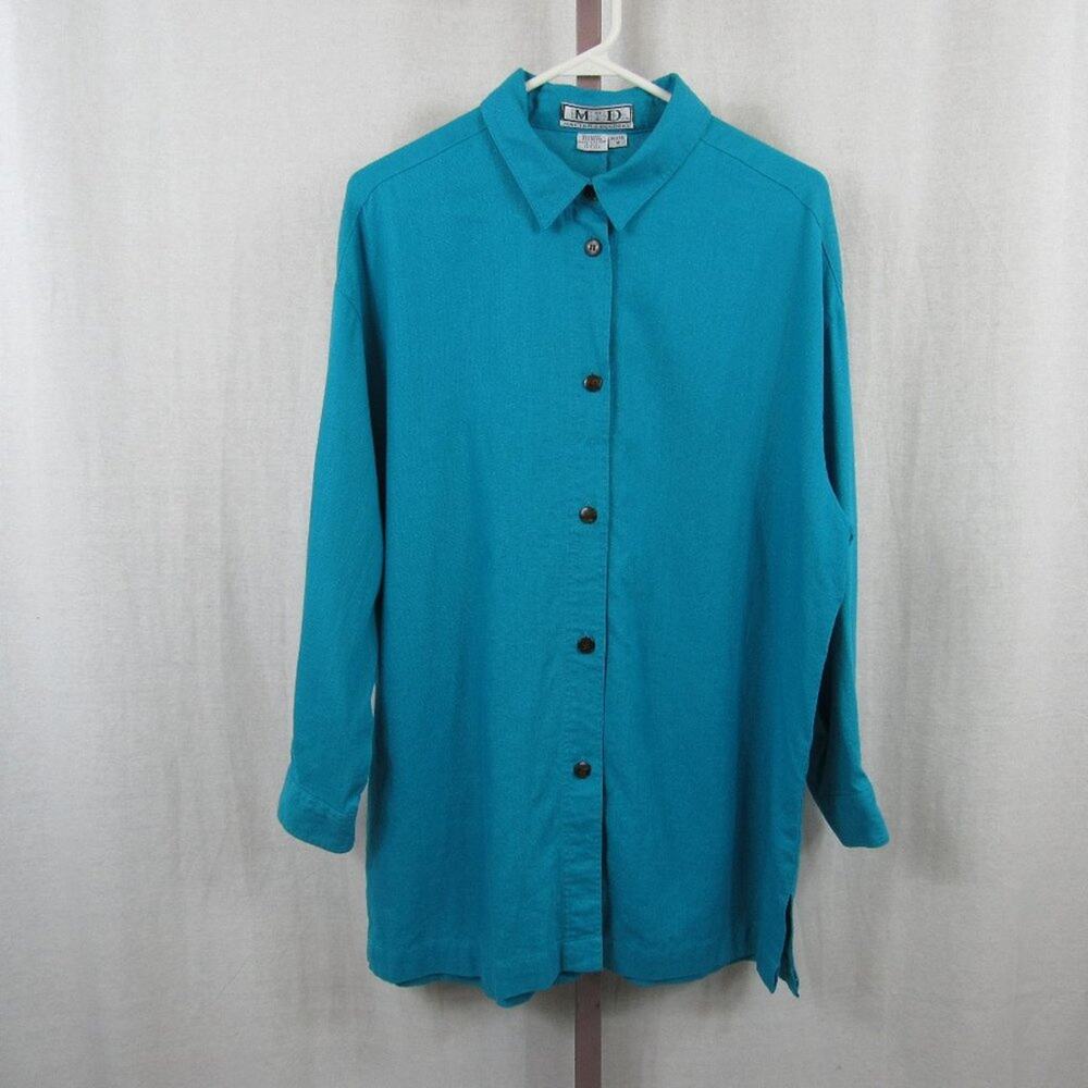 Matter of Degrees Women's Medium Turquoise Linen Blend Button Up Shirt Long Line